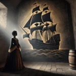 Mulata viendo su dibujo de un Barco en pared de cárcel medieval